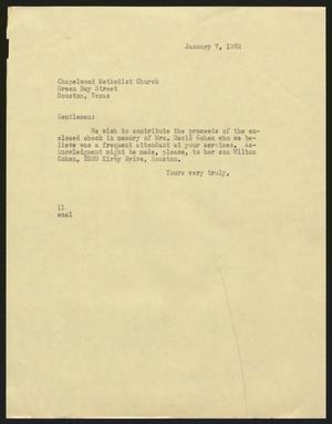 [Letter from Isaac H. Kempner to Chapel wood Methodist Church, January 7, 1963]