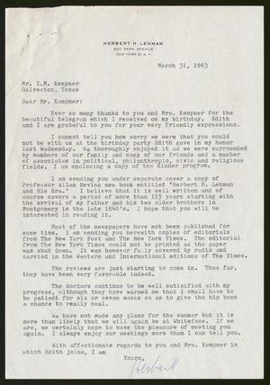 [Letter from Herbert H. Lehman to I. H. Kempner, March 31, 1963]