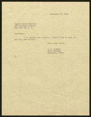 [Letter from Isaac H. Kempner to Expert Shirt Hospital, September 27, 1963]