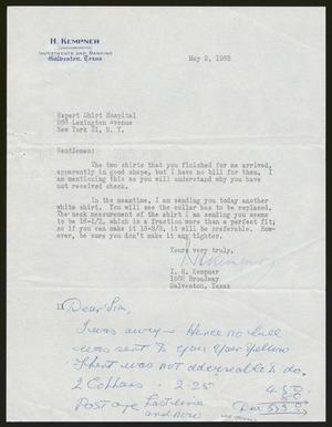 [Letter from I. H. Kempner to Expert Shirt Hospital, May 2, 1963]