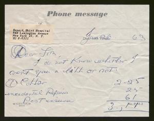 [Phone Message from Expert Shirt Hospital to I. H. Kempner, January 26, 1963]