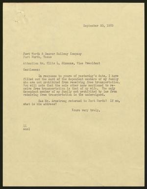 [Letter from I. H. Kempner to Fort Worth and Denver Railway Company, September 20, 1963]