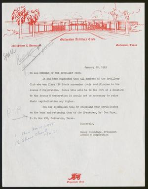 [Letter from Galveston Artillery Club, January 28, 1963]