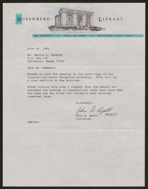 [Letter from John D. Hyatt to Mr. Harris L. Kempner, June 24, 1968]