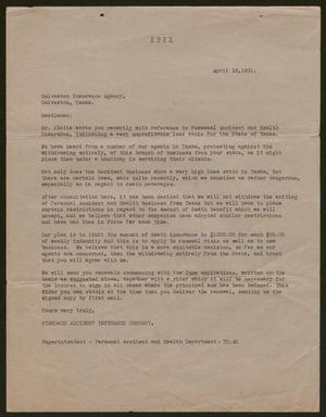 Primary view of object titled '[Letter from Standard Accident Insurance Company to Galveston Insurance Agency, April 16, 1931]'.