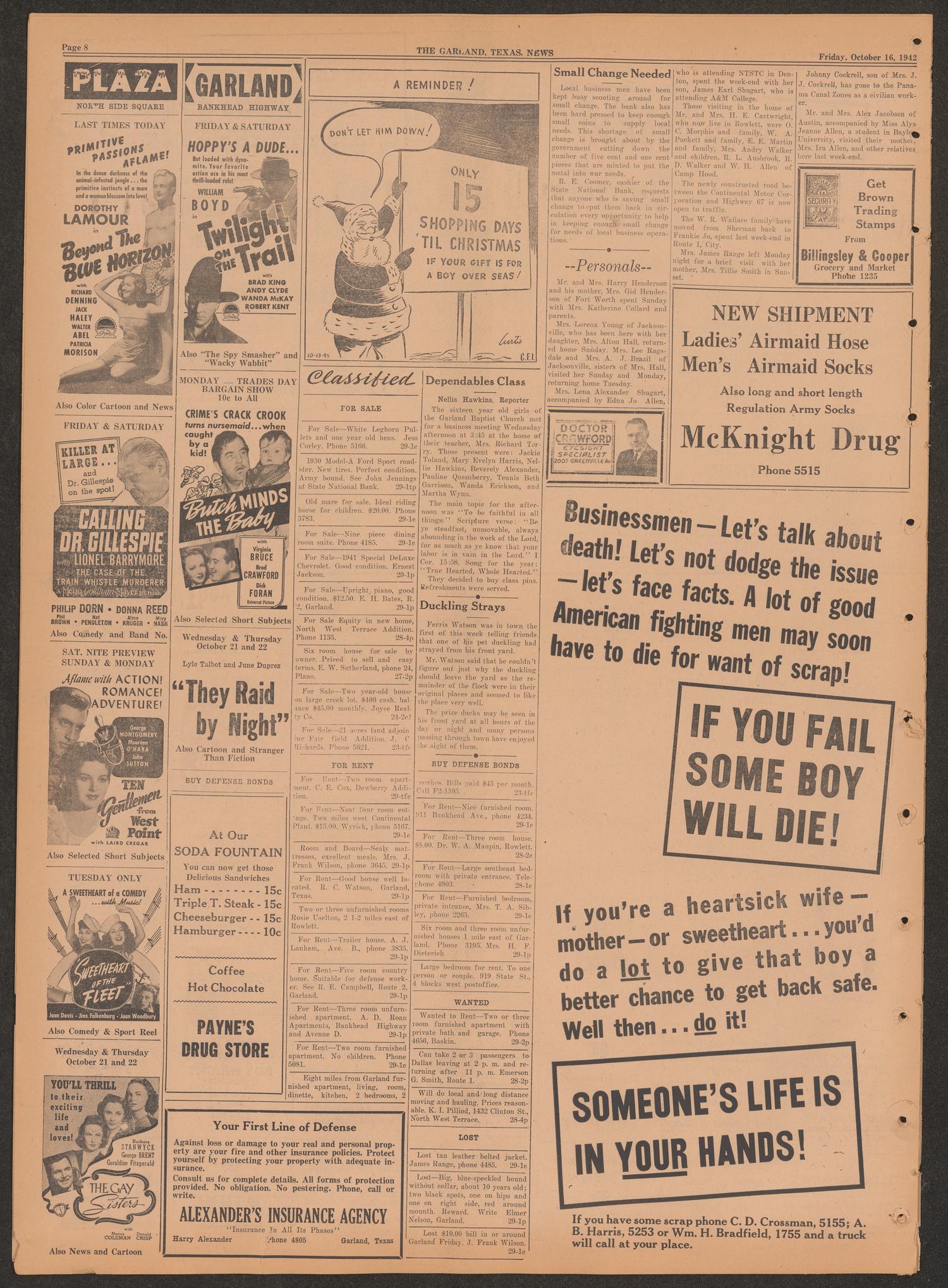 The Garland News (Garland, Tex.), Vol. 55, No. 29, Ed. 1 Friday, October 16, 1942
                                                
                                                    [Sequence #]: 8 of 8
                                                