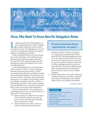 Primary view of object titled 'Texas Medical Board Bulletin, Volume 7, Number 1, Fall 2009'.