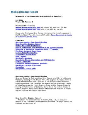 Primary view of Texas Medical Board Report, Volume 23, Number 1, Fall 2001