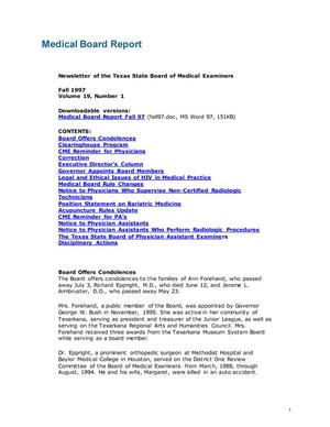 Primary view of object titled 'Texas Medical Board Report, Volume 19, Number 1, Fall 1997'.