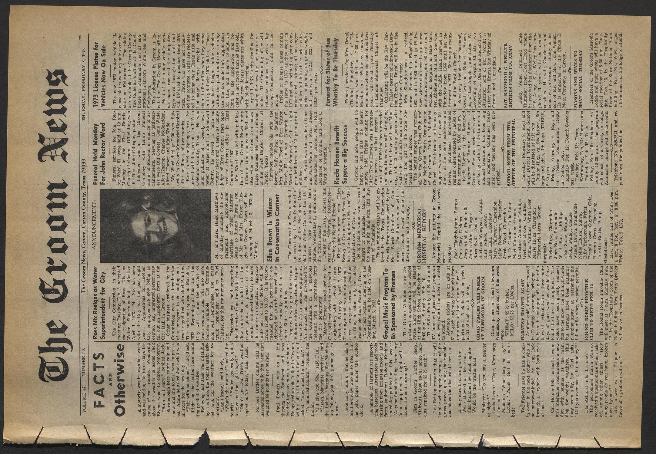 The Groom News (Groom, Tex.), Vol. 47, No. 50, Ed. 1 Thursday, February 8, 1973
                                                
                                                    [Sequence #]: 1 of 8
                                                