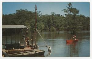Primary view of object titled '[Postcard of a Boat Landing at Caddo State Park]'.