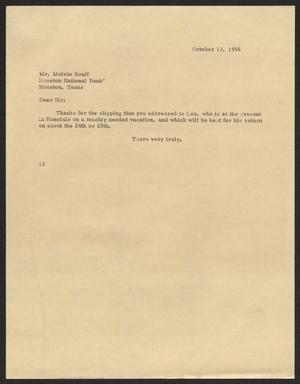 Primary view of object titled '[Letter from Isaac H. Kempner to Melvin Rouff, October 13, 1956]'.