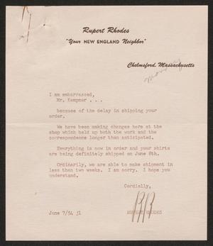 [Letter from Rupert Rhodes to Isaac H. Kempner, June 7, 1954]