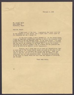 [Letter from Isaac H. Kempner to Joseph Swiff, February 2, 1956]