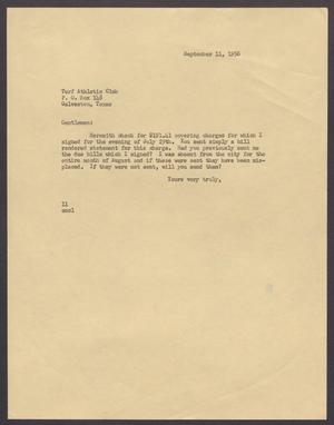 [Letter from Isaac H. Kempner to Turf Athletic Club, September 11, 1956]