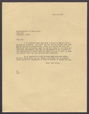 [Letter from Isaac H. Kempner to Superintendent of Water Works, July 13, 1956]