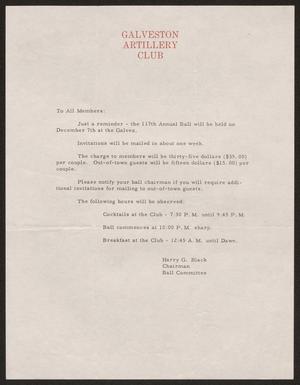 [Letter from Galveston Artillery Club Regarding 117th Annual Ball]