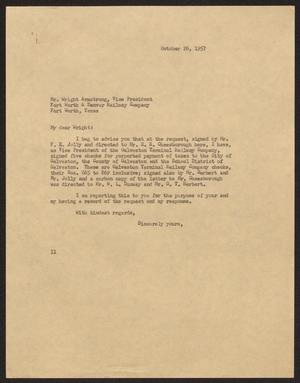 Primary view of object titled '[Letter from Isaac H. Kempner to Wright Armstrong, October 26, 1957]'.