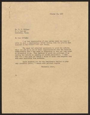 [Letter from Isaac H. Kempner to T. D. Affleck, October 23, 1957]