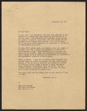 [Letter from Isaac H. Kempner to Rosa Anspach, September 28, 1957]