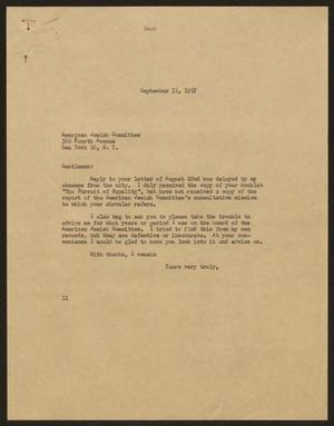 [Letter from Isaac H. Kempner to American Jewish Committee, September 11, 1957]