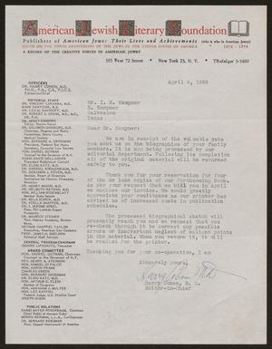 [Letter from Harry Cohen to I. H. Kempner, April 9, 1956]