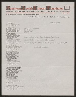 [Letter from the American Jewish Literary Foundation to I. H. Kempner, April 9, 1956]