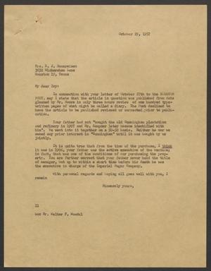 [Letter from I. H. Kempner to Mrs. R. J. Bauereisen, October 29, 1957]