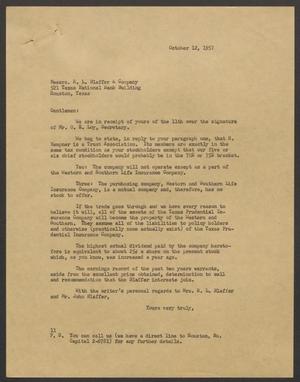 [Letter from I. H. Kempner to R. L. Blaffer and Company, October 12, 1957]