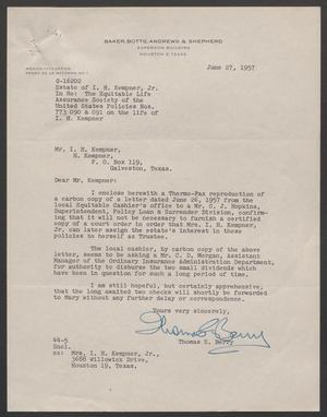 [Letter from Thomas E. Berry to Isaac H. Kempner, Jr., June 27, 1957]