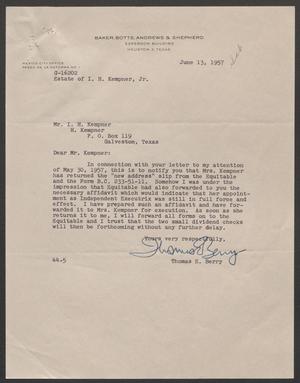 [Letter from Thomas E. Berry to I. H. Kempner, June 13, 1957]