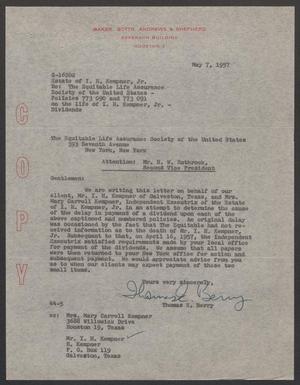 [Letter from Thomas E. Berry to The Equitable Life Assurance Society, May 7, 1957]