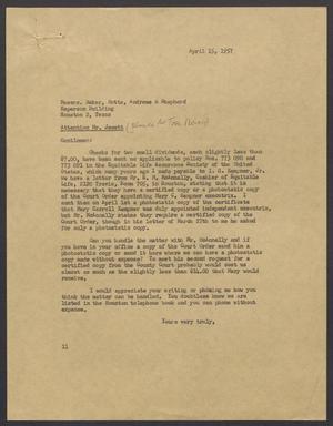 [Letter from I. H. Kempner to Baker, Botts, Andrews and Shepherd, April 15, 1957]