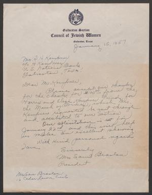 [Letter from Mrs. Sam Braslan to I. H. Kempner, January 15, 1957]