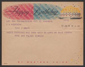 [Telegram from Rose and Wilson Dickey to I. H. Kempner - January 13, 1957]