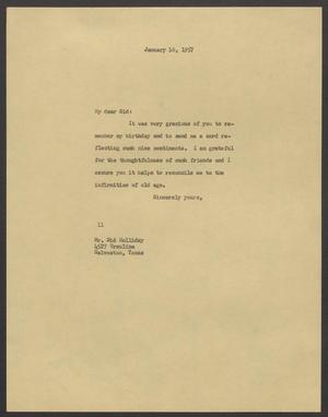 [Letter from Isaac H. Kempner to Sid Holliday, January 16, 1957]