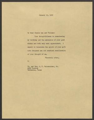 [Letter from Isaac H. Kempner to Jessie Seinsheimer and Fellman Seinsheimer, January 15, 1957]