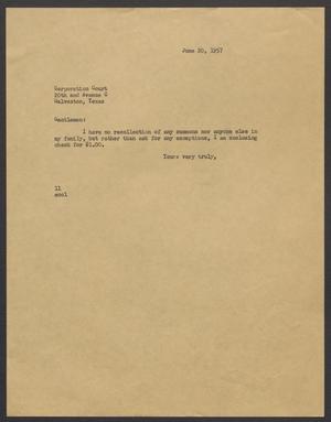 [Letter from Isaac H. Kempner to Corporation Court, June 20, 1957]