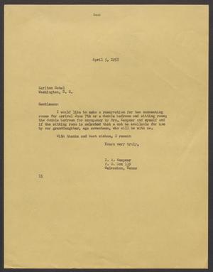 [Letter from Isaac H. Kempner to Carlton Hotel, April 5, 1957]