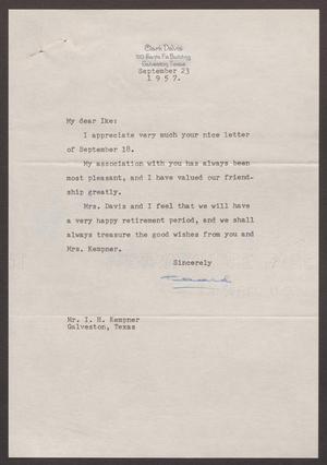 [Letter from Clark Davis to I. H. Kempner, September 23, 1957]
