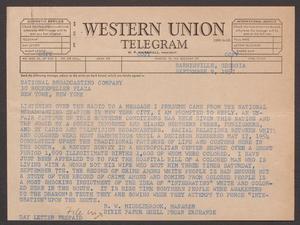 Primary view of object titled '[Telegram and Letter from B. W. Middlebrook of Dixie Paper Shell Pecan Exchange to National Broadcast Company, September 9, 1957]'.