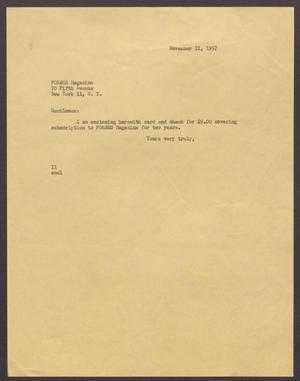 [Letter from Isaac H. Kempner to Forbes Magazine, November 11, 1957]