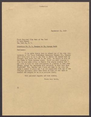 [Letter from Isaac H. Kempner to First National City Bank of New York, September 23, 1957]