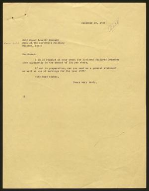 [Letter from Isaac H. Kempner to Gulf Coast Royalty Company, December 20, 1957]