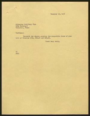 [Letter from Isaac H. Kempner to Galveston Artillery Club, December 12, 1957]