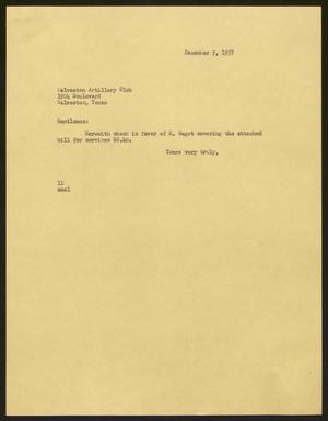 [Letter from Isaac H. Kempner to Galveston Artillery Club, December 9, 1957]
