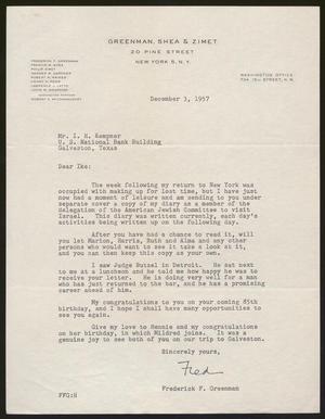 [Letter from Frederick F. Greenman to Isaac H. Kempner, December 3, 1957]