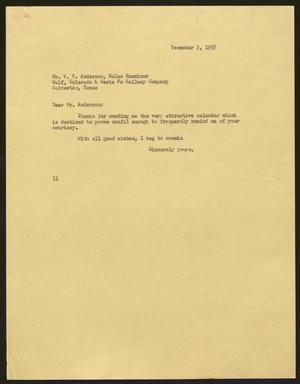 [Letter from Isaac H. Kempner to V. V. Anderson, December 3, 1957]