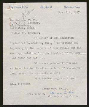 [Letter from Marie J. Lee to I. H. Kempner, November 6, 1957]