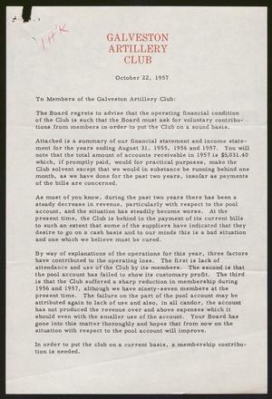 [Letter from Galveston Artillery Club,  October 22, 1957]